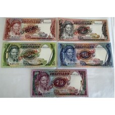 SWAZILAND 1978 . ONE 1 - TWENTY 20 EMALANGENI BANKNOTES . SPECIMEN